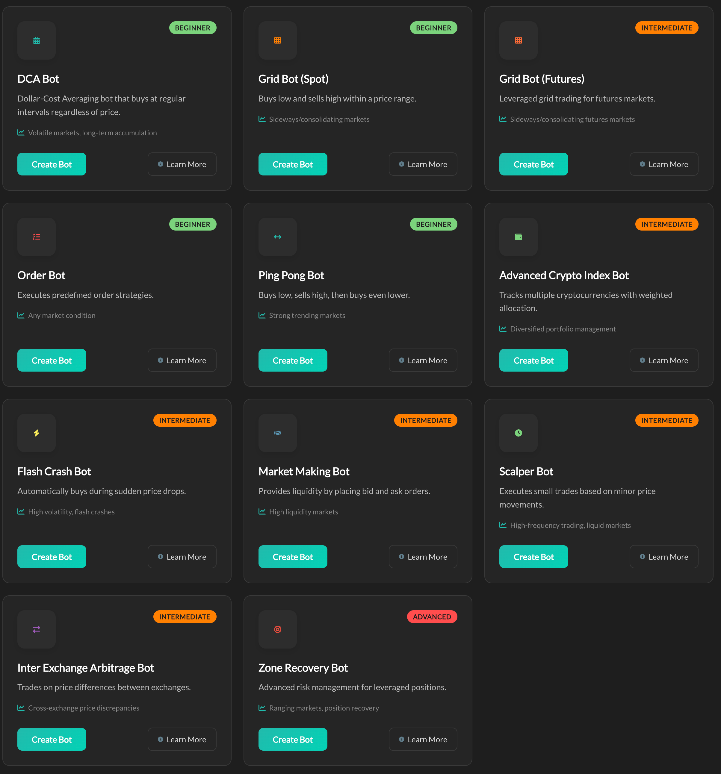 Choose from 11 different trading bot types with beginner to advanced difficulty ratings