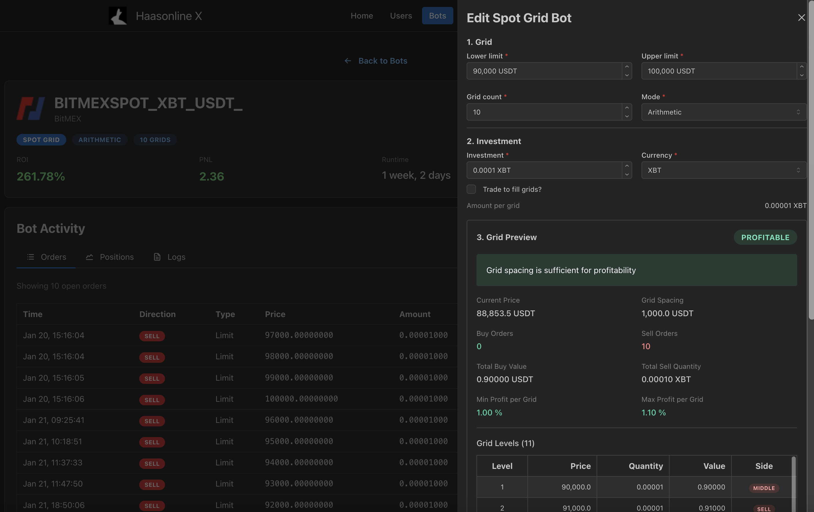 Bot configuration showing grid levels, investment settings, and order preview