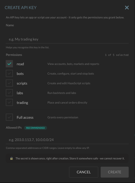 Create API Key dialog: name, permission scopes read, bots, scripts, labs and trading, an allowed-IP list, and a notice that the secret is shown once