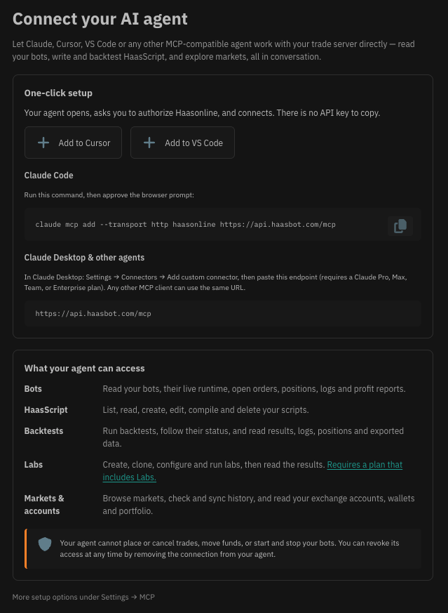 Connecting an AI agent to HaasOnline TradeServer Cloud