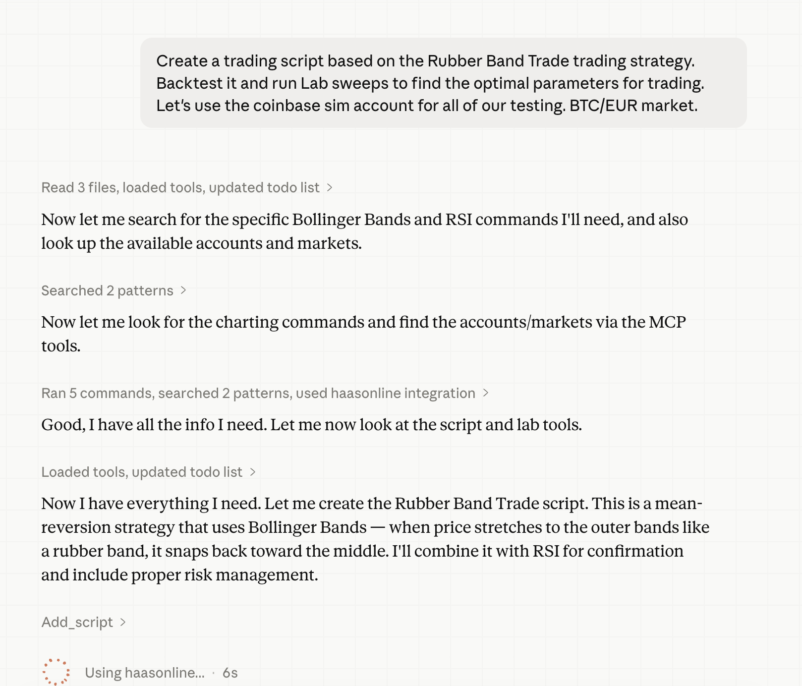 Claude drafting a HaasScript trading strategy through the HaasOnline MCP integration