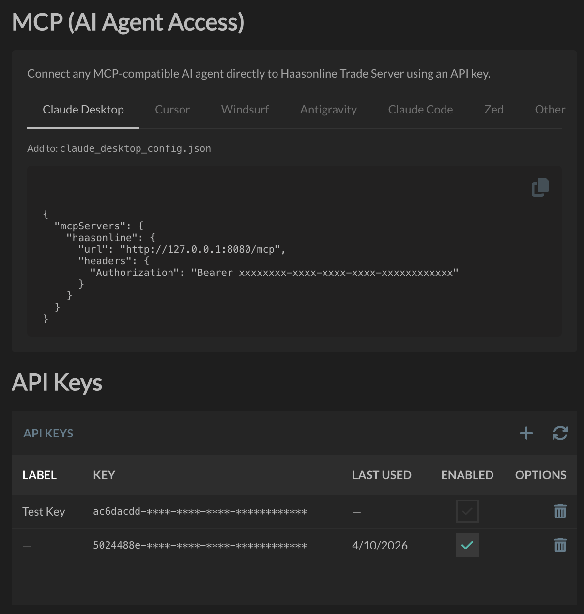 HaasOnline Enterprise MCP Server settings panel