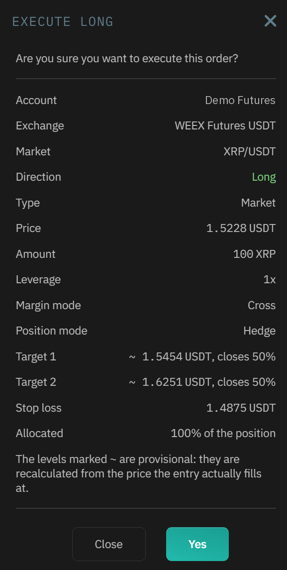 The Smart Trade confirmation window showing entry, take profit, stop loss, and risk and reward