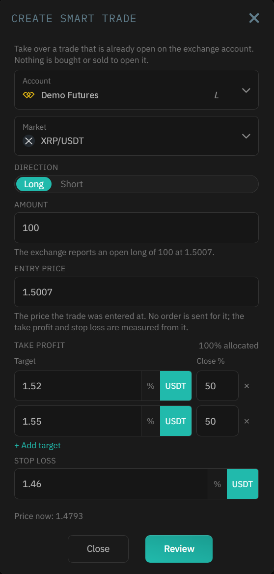 A Smart Trade with two take profit targets and a stop loss