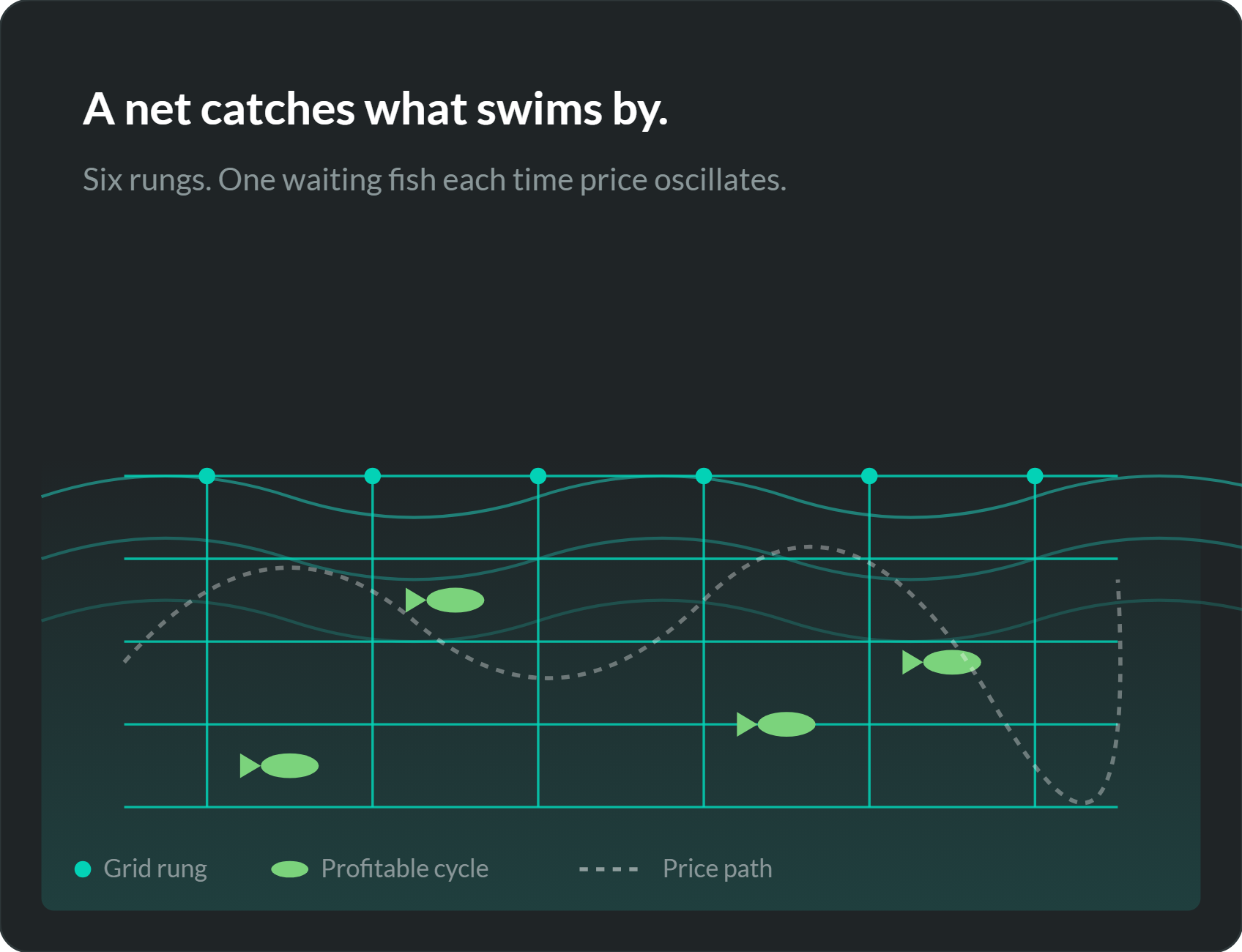 A grid of rungs catching profitable cycles as price oscillates